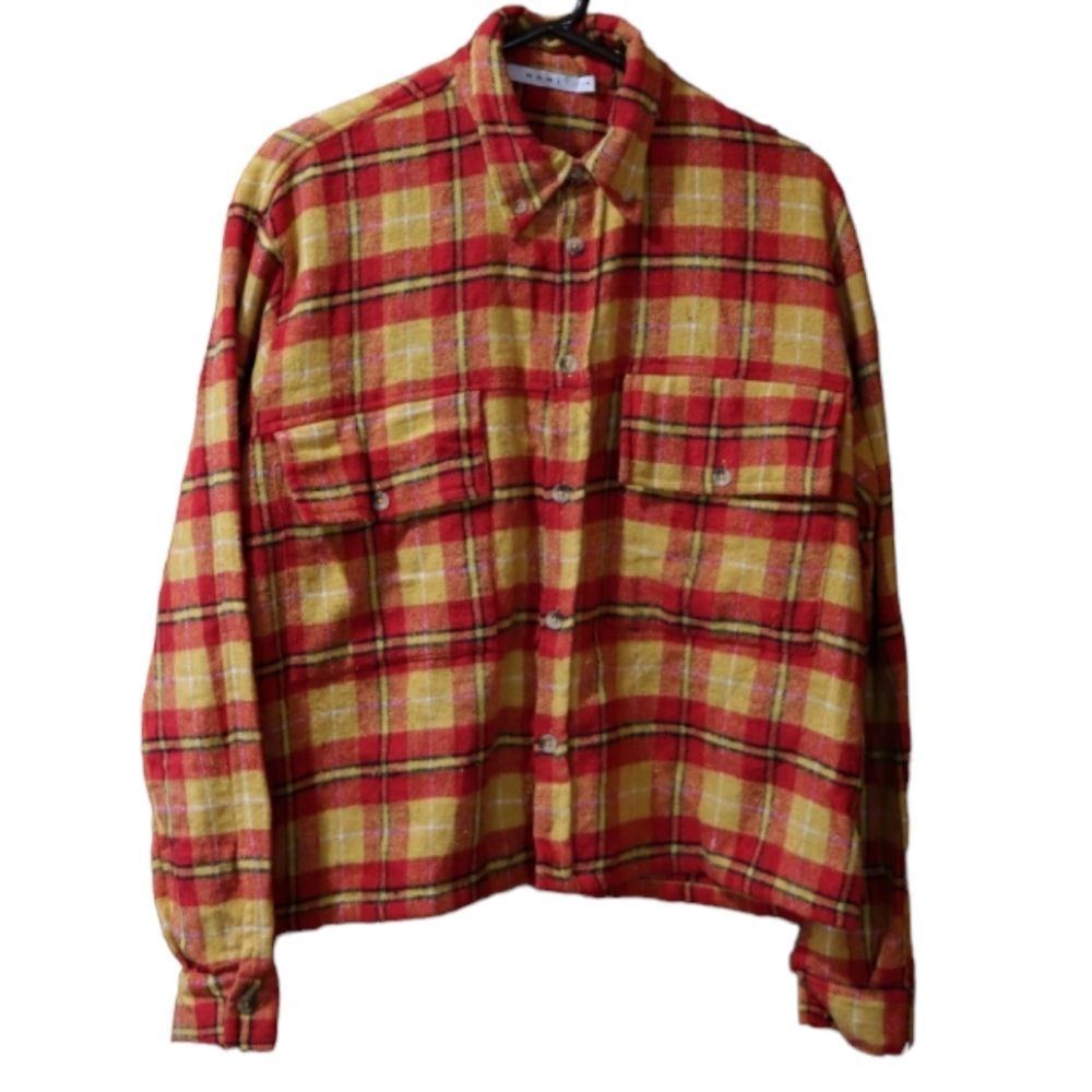 MNML Bright Orange Yellow Cropped Button Down Flannel Shirt Medium Vintage